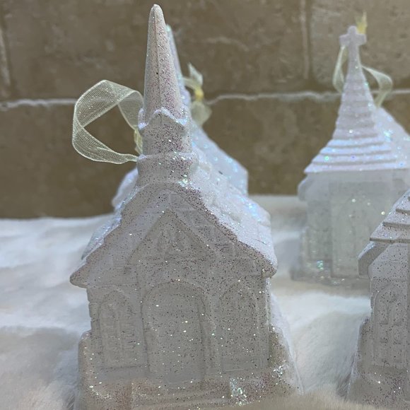 Set of 5 White Glitter Church Ornaments - set 1 - Picture 4 of 5
